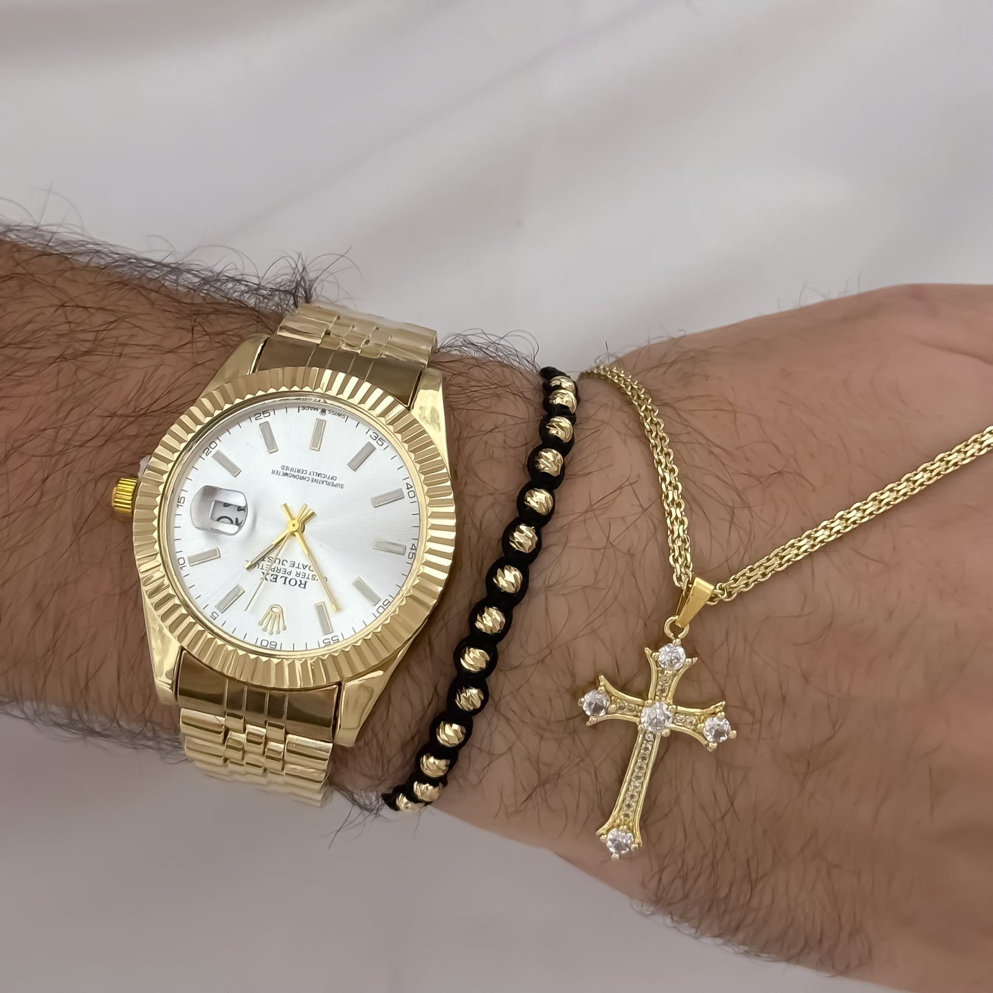 Conjunto de Cadena Tejido chino Hombre de 60cm de 3mm + Cruz Trebol con Micro Circones + Pulsera Tejida balin Italiano de 4mm + Reloj Rolex 1.1 en Oro Laminado 18k con Garantía de por vidaa