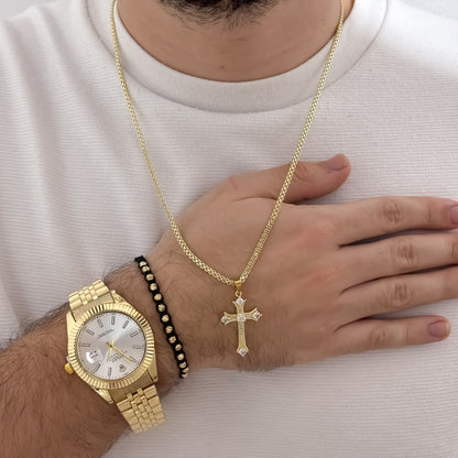 Conjunto de Cadena Tejido chino Hombre de 60cm de 3mm + Cruz Trebol con Micro Circones + Pulsera Tejida balin Italiano de 4mm + Reloj Rolex 1.1 en Oro Laminado 18k con Garantía de por vidaa