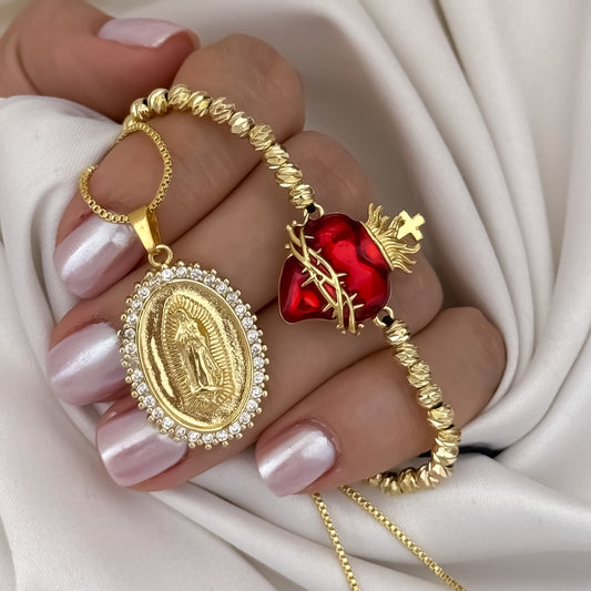 Cadena Tejido Veneciano Delgado de Dama de 45cm de 1mm + Virgen de Guadalupe Tallada + Pulsera de Corazon de Jesús  en Balin Italiano de 4mm en Oro Laminado 18k con Garantia de por vida