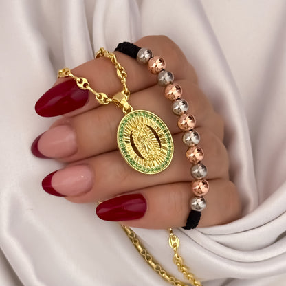 Cadena Tejido Gucci de Dama de 45cm de 3mm + Virgen de Guadalupe Verde + Pulsera Balin Liso de 3 OROS en Oro Laminado 18k con Garantia de por vida