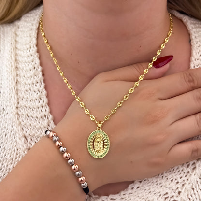 Cadena Tejido Gucci de Dama de 45cm de 3mm + Virgen de Guadalupe Verde + Pulsera Balin Liso de 3 OROS en Oro Laminado 18k con Garantia de por vida