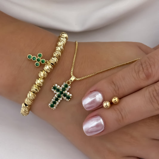 Cadena Tejido veneciano de Dama de 45cm + Cruz con Micro circones  Verde Esmeralda + Pulsera Balin Italiano de 6mm con cruz verdes + Topo Balin de 5mm en Oro Laminado 18k