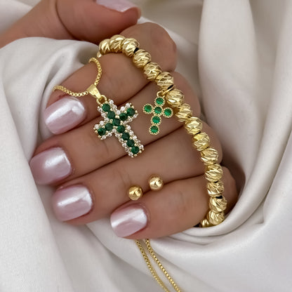 Cadena Tejido veneciano de Dama de 45cm + Cruz con Micro circones  Verde Esmeralda + Pulsera Balin Italiano de 6mm con cruz verdes + Topo Balin de 5mm en Oro Laminado 18k
