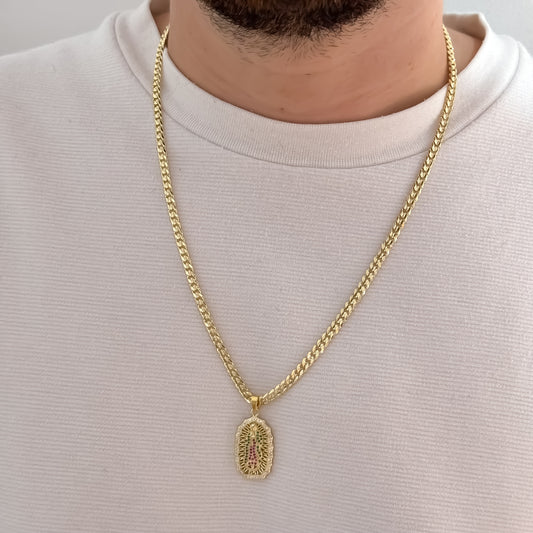 Cadena Cubana de Hombre Plana de 60cm de 5mm de Grosor + Guadalupe Tallada de Colores en Oro Laminado 18k con Garantía de por vida incluye certificado de Garantía