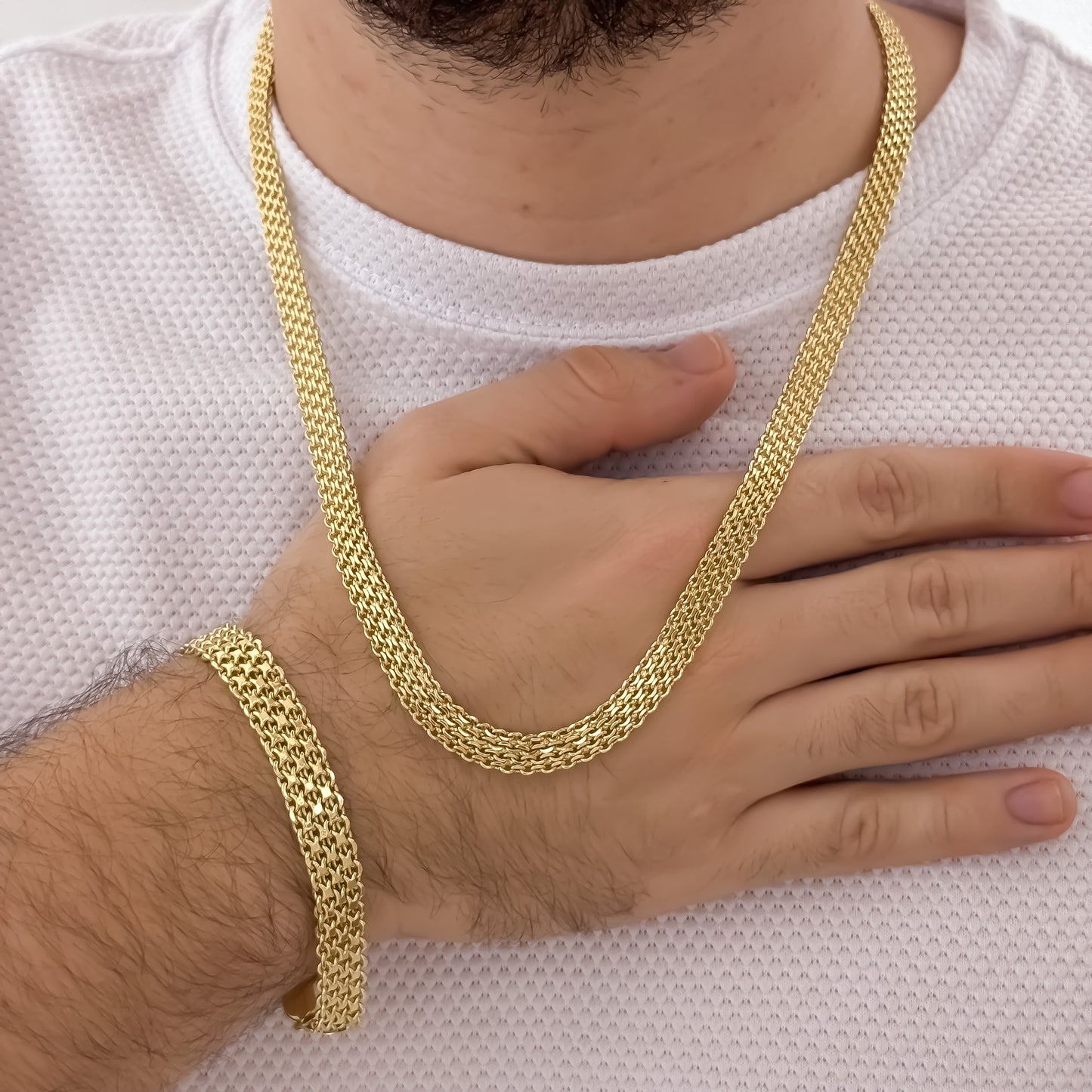 CONJUNTO TEJIDO CHINO DE HOMBRE DE 60CM DE 8MM + PULSERA CHINA DE 20CM DE 8MMM EN ORO LAMINADO 18K CON GARANTIA DE POR VIDA