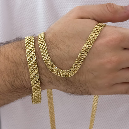 CONJUNTO TEJIDO CHINO DE HOMBRE DE 60CM DE 8MM + PULSERA CHINA DE 20CM DE 8MMM EN ORO LAMINADO 18K CON GARANTIA DE POR VIDA