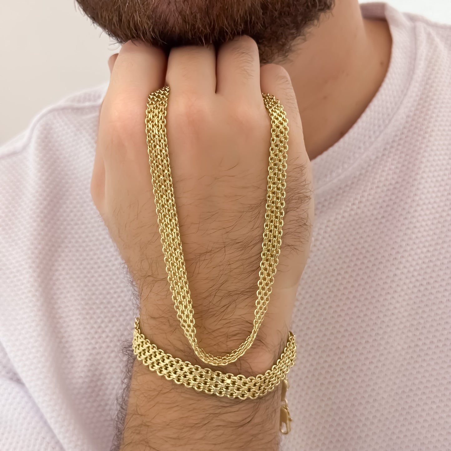 CONJUNTO TEJIDO CHINO DE HOMBRE DE 60CM DE 8MM + PULSERA CHINA DE 20CM DE 8MMM EN ORO LAMINADO 18K CON GARANTIA DE POR VIDA