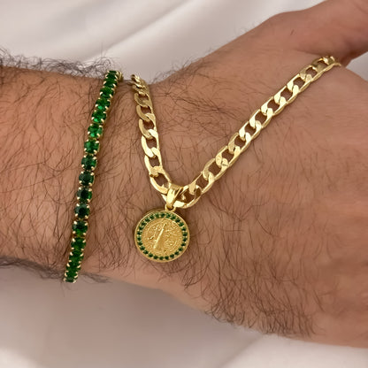 Cadena Tejido Cuban de 60cm de 5mm + San Benito Proteccion  Pulseras Tejido Tennis Verde en Oro Laminado 18k