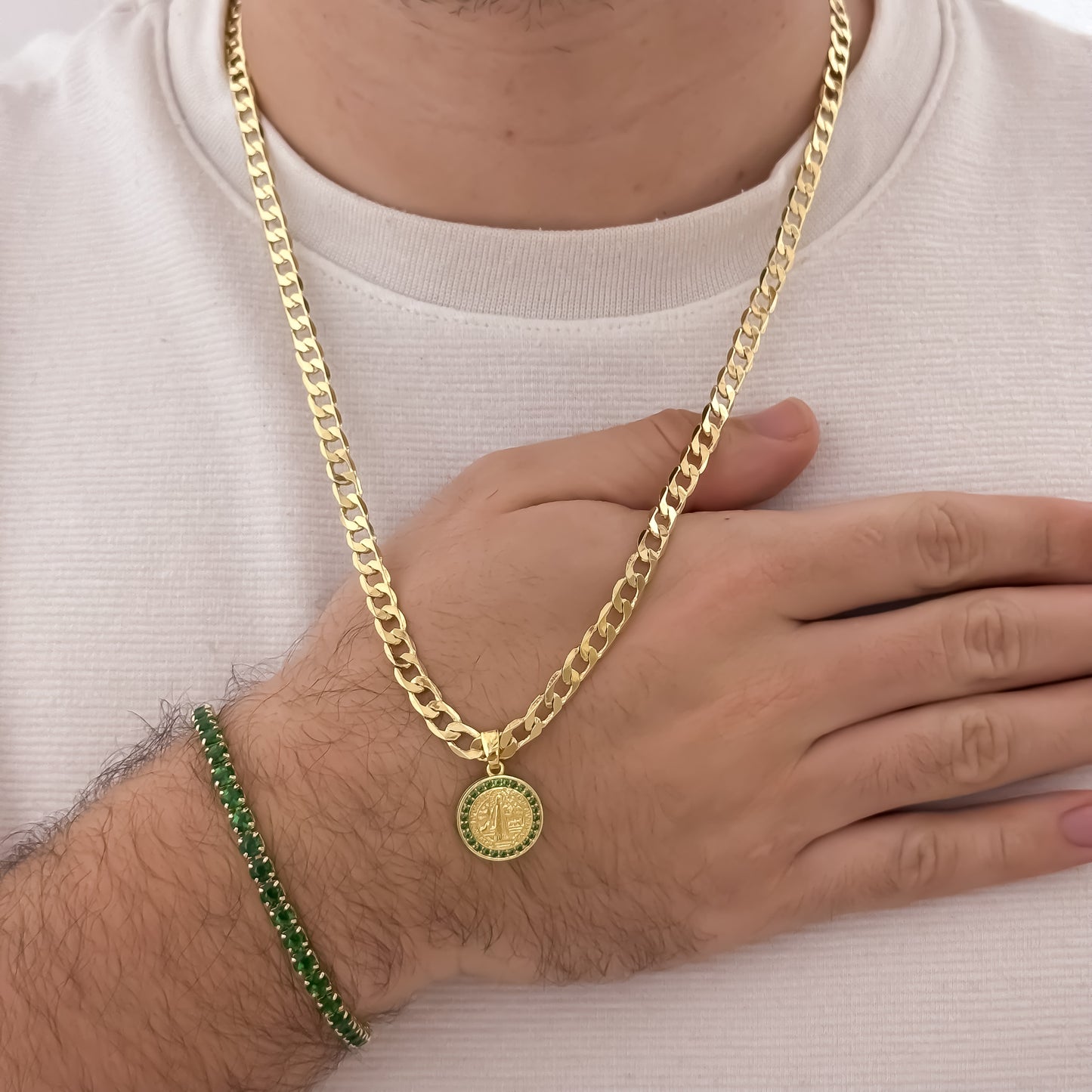 Cadena Tejido Cuban de 60cm de 5mm + San Benito Proteccion  Pulseras Tejido Tennis Verde en Oro Laminado 18k