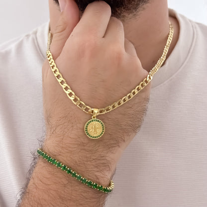 Cadena Tejido Cuban de 60cm de 5mm + San Benito Proteccion  Pulseras Tejido Tennis Verde en Oro Laminado 18k