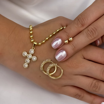 Cadena Tejido Militar de Dama de 45cm + Cruz con Micro circones + Candongas Micro circones Cristales + Topo Balin de 5mm en Oro Laminado 18k con Garantia de por vida