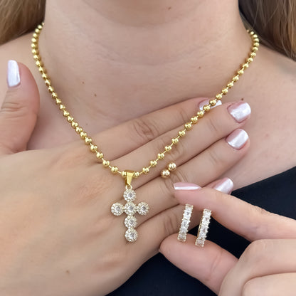 Cadena Tejido Militar de Dama de 45cm + Cruz con Micro circones + Candongas Micro circones Cristales + Topo Balin de 5mm en Oro Laminado 18k con Garantia de por vida