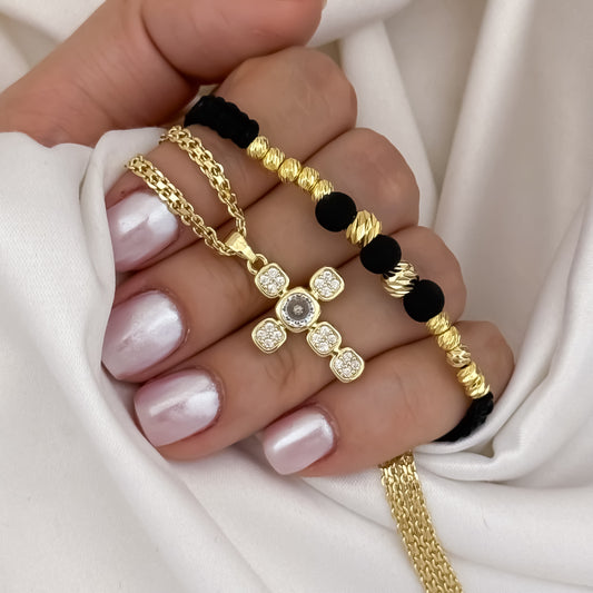 Cadena Tejido Chino de Dama de 45cm + Cruz con Micro circones + Pulsera Tejida en Balin italiano de 4mm en Oro Laminado 18k con Garantia de por vida