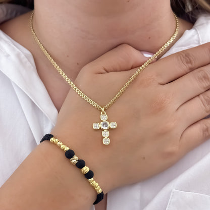 Cadena Tejido Chino de Dama de 45cm + Cruz con Micro circones + Pulsera Tejida en Balin italiano de 4mm en Oro Laminado 18k con Garantia de por vida