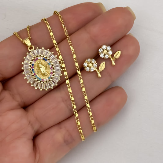 Cadena Tejido Escalera Plana de 45cm de 3mm de Grosor + Virgen de Guadalupe con Micro circones + Topos Flor con Micro circones en Oro Laminado 18k con Garantía de por vida incluye certificado