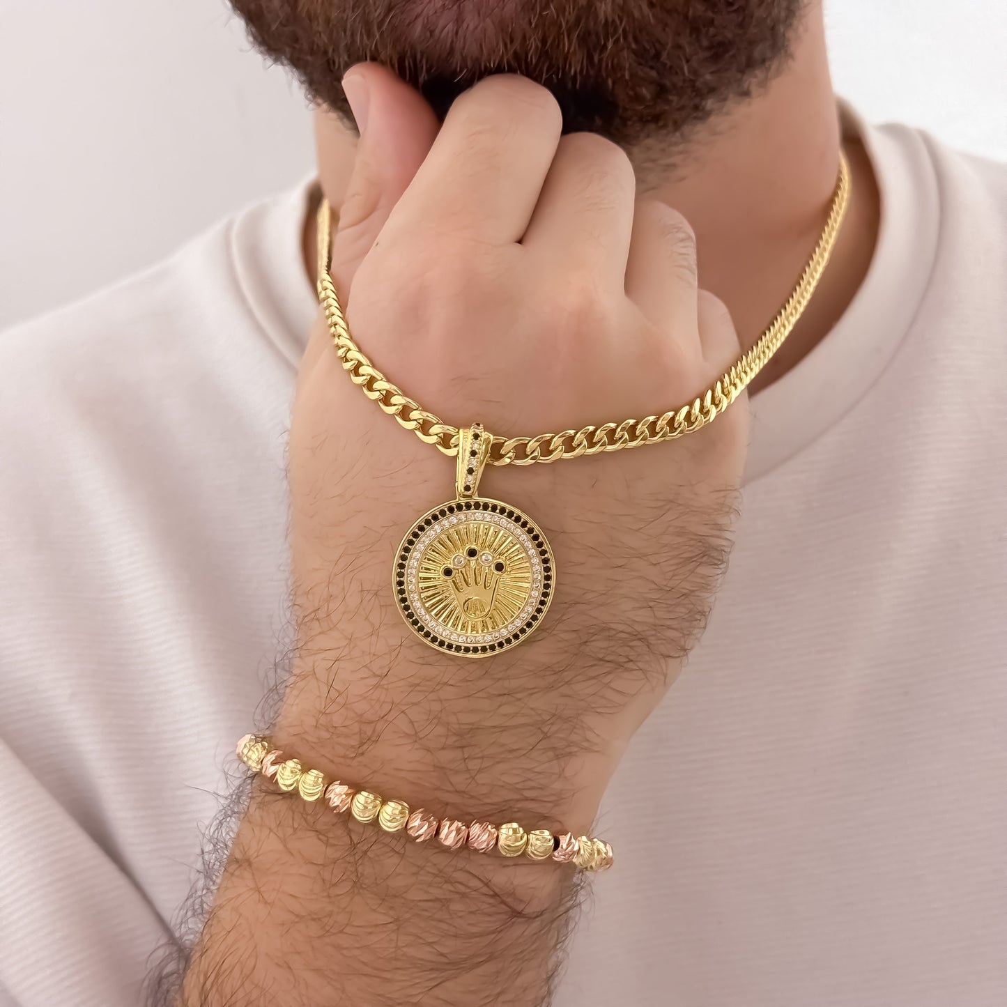 Cadena Cubana de hombre de 60cm de 4mm + Dije de Corona Rolex con Micro circones verde + Pulsera Balin Italiano de 6mm Oro Rosa + Amarillo en Oro Laminado 18k con Garantia de por vida