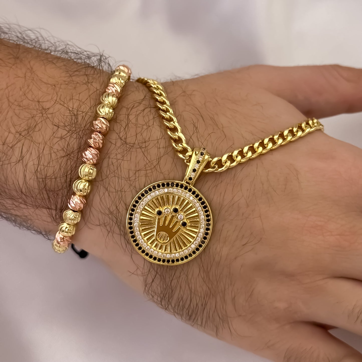 Cadena Cubana de hombre de 60cm de 4mm + Dije de Corona Rolex con Micro circones verde + Pulsera Balin Italiano de 6mm Oro Rosa + Amarillo en Oro Laminado 18k con Garantia de por vida
