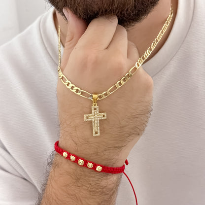 Cadena Tejido Catier de Hombre de 60cm de 5mm de Grosor + Dije de Cruz Cristo con Micro circones + Pulsera Balin Italiano de 5mm en Hilo Rojo en Oro Laminado 18k con Garantía de por vida
