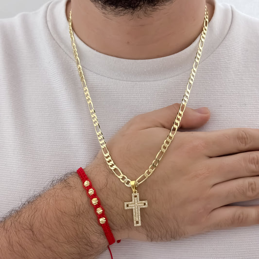 Cadena Tejido Catier de Hombre de 60cm de 5mm de Grosor + Dije de Cruz Cristo con Micro circones + Pulsera Balin Italiano de 5mm en Hilo Rojo en Oro Laminado 18k con Garantía de por vida