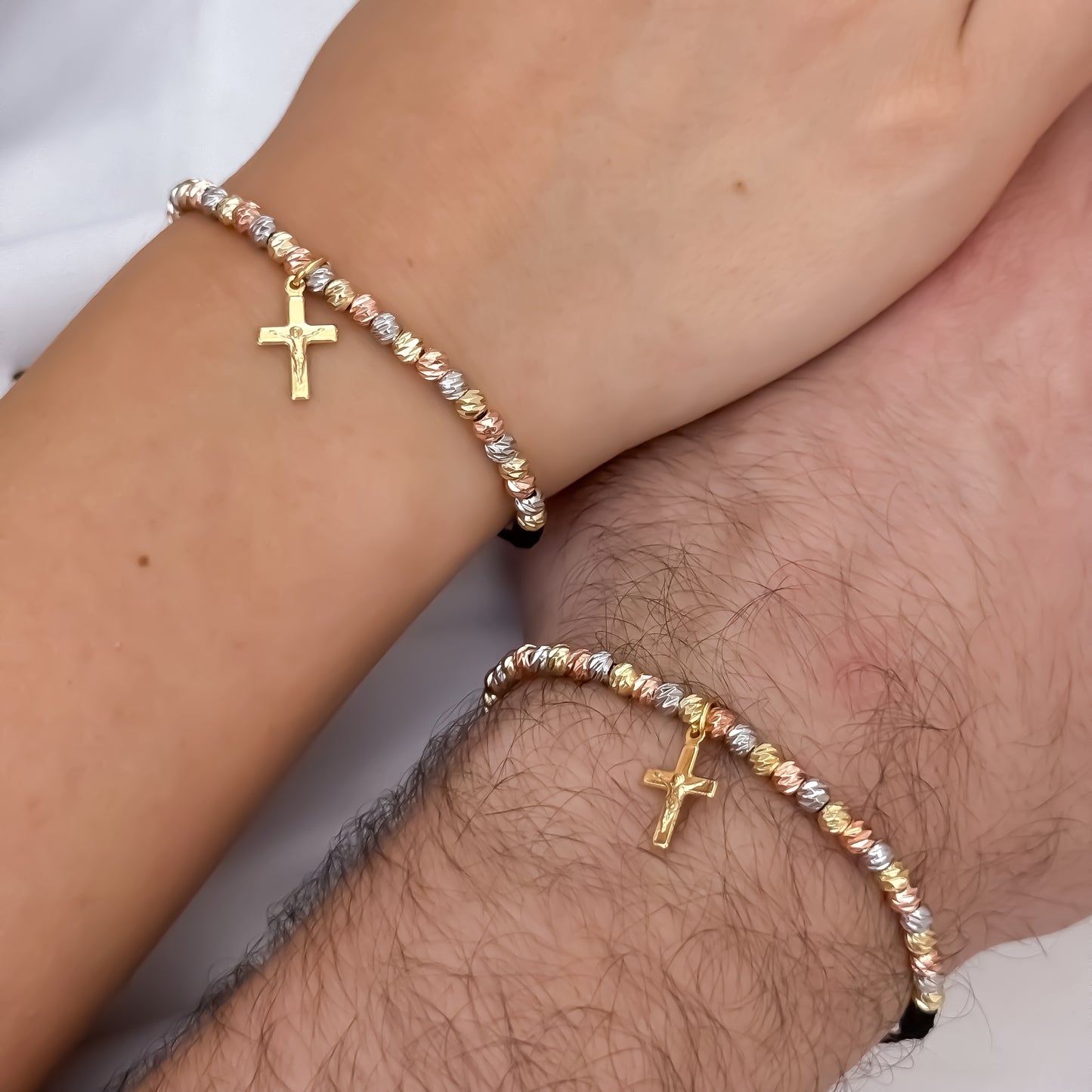 Pulseras para  Parejas de 3 Oros en Balin Italiano con cruz cristo Madero Proteccion en Oro Laminado 18k con Garantia de por vida