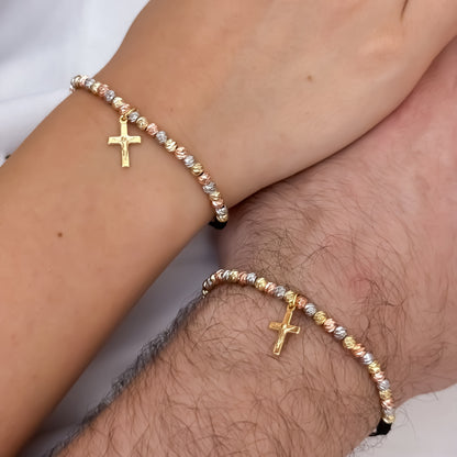 Pulseras para  Parejas de 3 Oros en Balin Italiano con cruz cristo Madero Proteccion en Oro Laminado 18k con Garantia de por vida