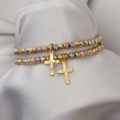 Pulseras para  Parejas de 3 Oros en Balin Italiano con cruz cristo Madero Proteccion en Oro Laminado 18k con Garantia de por vida