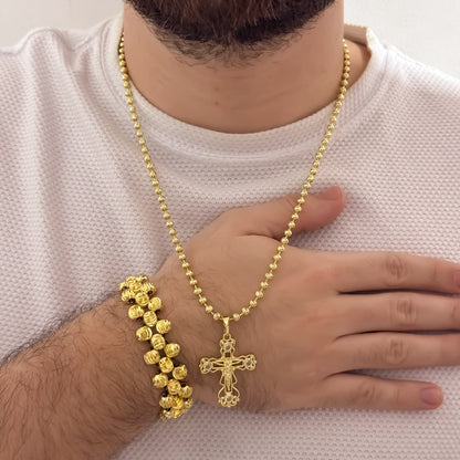 Cadena Tejido Militar de Hombre de 60m de 4mm + Cruz Cristo Madero Tallado + Pulseras 3 Carriles Balin Italiano de 8mm en Oro Laminado 18k con Garantia de por vida