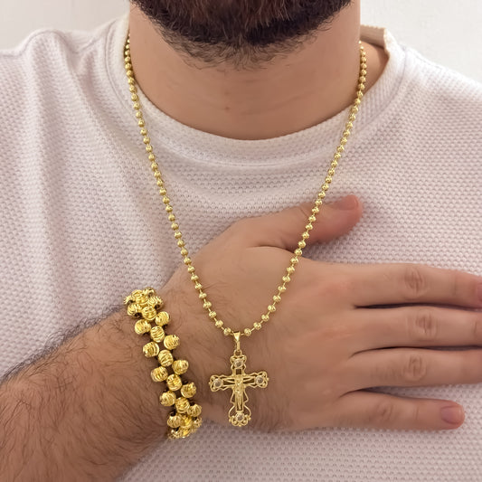 Cadena Tejido Militar de Hombre de 60m de 4mm + Cruz Cristo Madero Tallado + Pulseras 3 Carriles Balin Italiano de 8mm en Oro Laminado 18k con Garantia de por vida