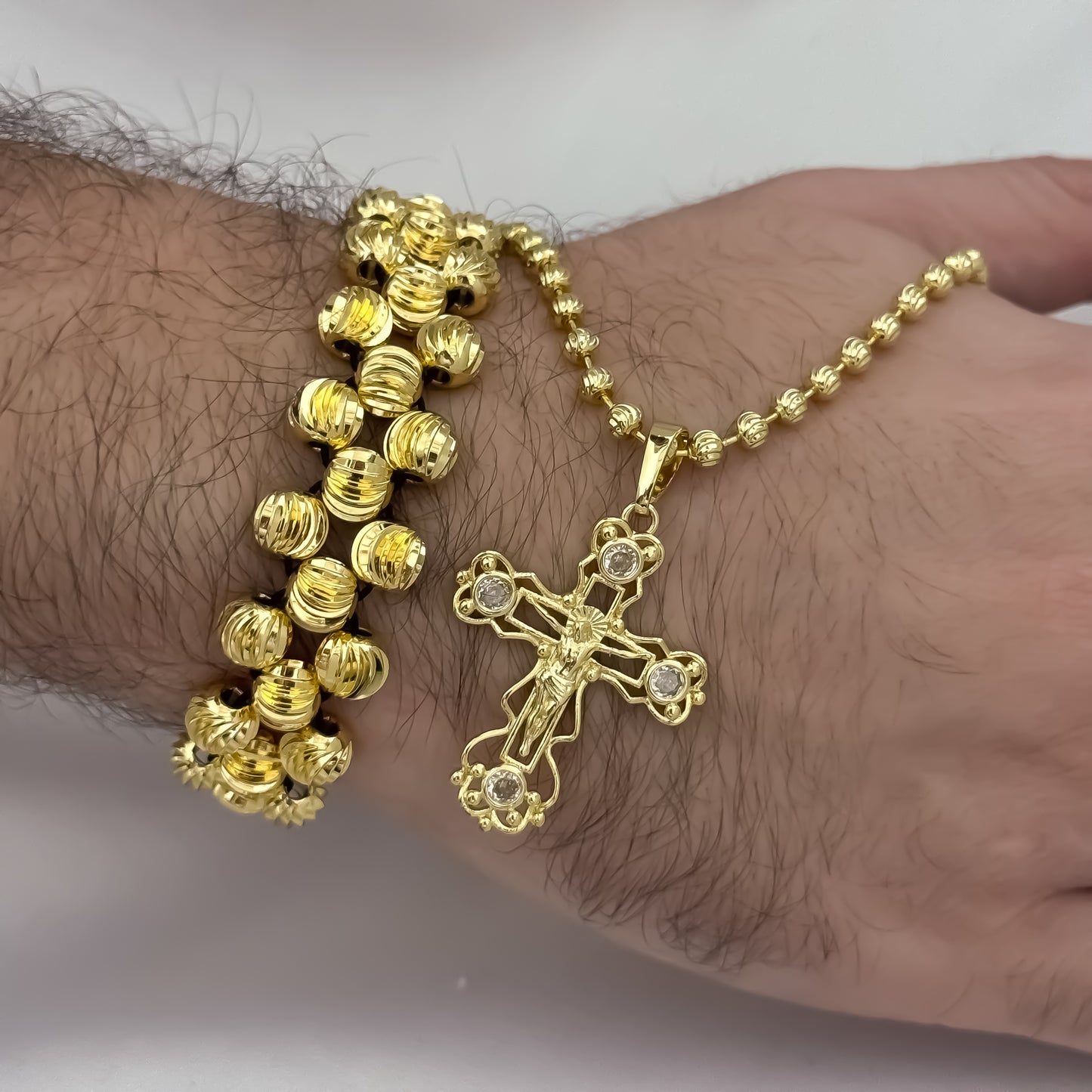 Cadena Tejido Militar de Hombre de 60m de 4mm + Cruz Cristo Madero Tallado + Pulseras 3 Carriles Balin Italiano de 8mm en Oro Laminado 18k con Garantia de por vida