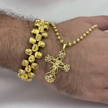 Cadena Tejido Militar de Hombre de 60m de 4mm + Cruz Cristo Madero Tallado + Pulseras 3 Carriles Balin Italiano de 8mm en Oro Laminado 18k con Garantia de por vida