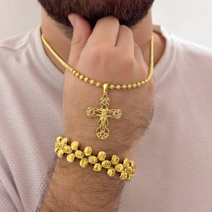 Cadena Tejido Militar de Hombre de 60m de 4mm + Cruz Cristo Madero Tallado + Pulseras 3 Carriles Balin Italiano de 8mm en Oro Laminado 18k con Garantia de por vida