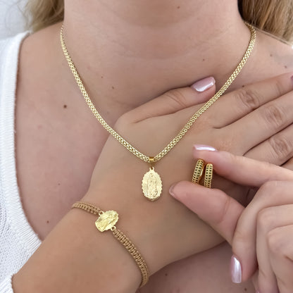 Cadena Tejido Chino de Dama de 45cm de 3mm de Grosor + Virgen de Guadalupe Tallada + Pulsera Virgen de Guadalupe Tallada + Candongas con Micro circones Negro en Oro Laminado 18k con Garantía de por vida