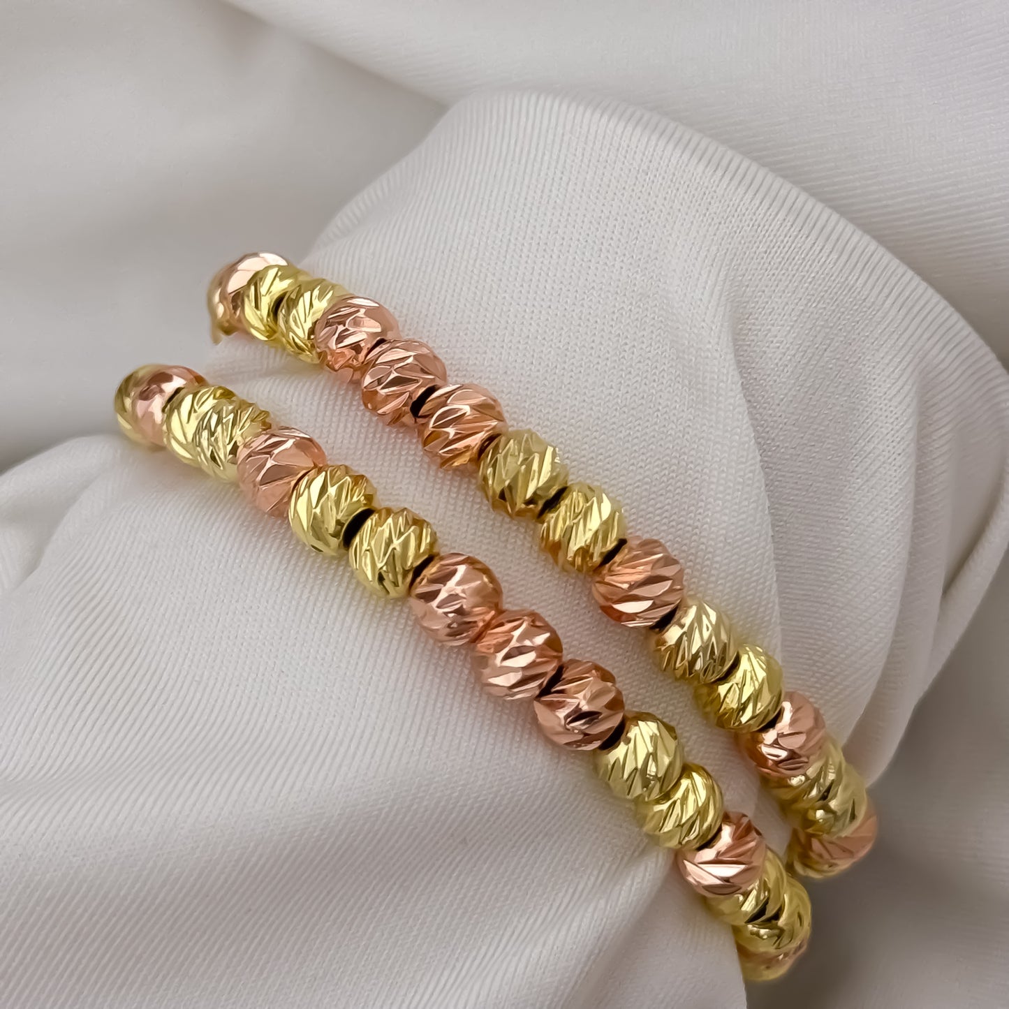 Juego de 2 Pulseras de 2 Oros  Rosado + Oro Amarillo en Balin italiano de 6mm en Oro Laminado 18k con  Garantía de por vida