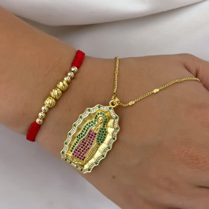 Cadena Tejido Cubana de 45cm + Dije de Virgen de Guadalupe Talla de Colores + Pulsera Balin italiano en Hilo Rojo de Unión en Oro Laminado 18k con Garantía de por vida