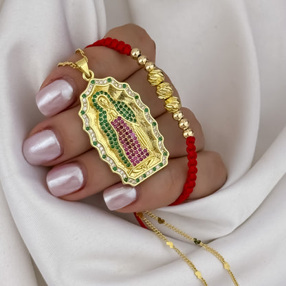 Cadena Tejido Cubana de 45cm + Dije de Virgen de Guadalupe Talla de Colores + Pulsera Balin italiano en Hilo Rojo de Unión en Oro Laminado 18k con Garantía de por vida