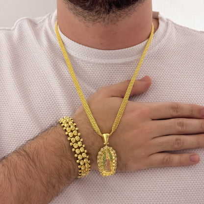 Cadena Tejido Chino Grueso de 60cm de 8mm + Virgen de Guadalupe Talla Micro Circones Cristales + Pulseras Cuadro Carriles en Balin Italiano en Oro Laminado 18k con Garantia de por vida