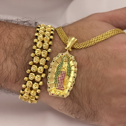 Cadena Tejido Chino Grueso de 60cm de 8mm + Virgen de Guadalupe Talla Micro Circones Cristales + Pulseras Cuadro Carriles en Balin Italiano en Oro Laminado 18k con Garantia de por vida