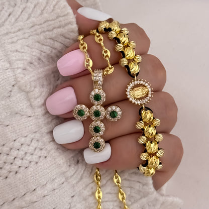 Cadena Tejido Gucci de Dama de 45cm de 3mm + Cruz Verde Esmeralda + Pulsera Virgen de Guadalupe de  3 Carriles en Oro Laminado 18k con Garantia de por vida