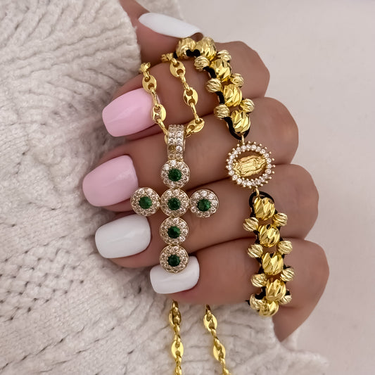 Cadena Tejido Gucci de Dama de 45cm de 3mm + Cruz Verde Esmeralda + Pulsera Virgen de Guadalupe de  3 Carriles en Oro Laminado 18k con Garantia de por vida