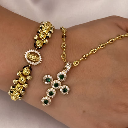 Cadena Tejido Gucci de Dama de 45cm de 3mm + Cruz Verde Esmeralda + Pulsera Virgen de Guadalupe de  3 Carriles en Oro Laminado 18k con Garantia de por vida