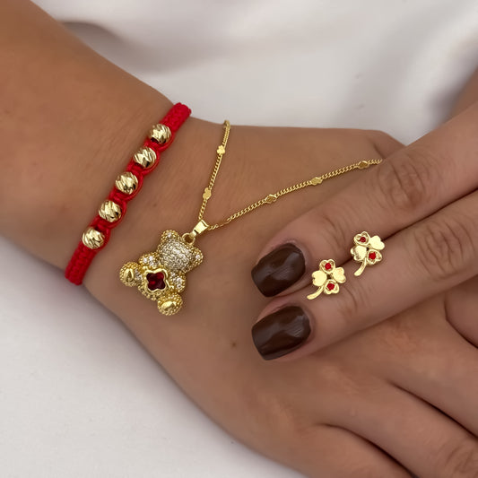 Cadena Cubana de Dama + Dije Oso Rojo + Topo Trebol circones Rojo + Pulsera Hilo Rojo Balin italiano en Oro laminado 18k con Garantía de por vida