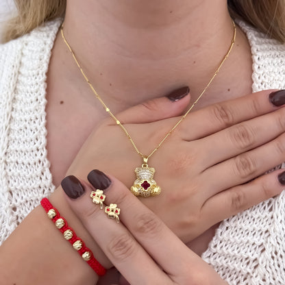 Cadena Cubana de Dama + Dije Oso Rojo + Topo Trebol circones Rojo + Pulsera Hilo Rojo Balin italiano en Oro laminado 18k con Garantía de por vida