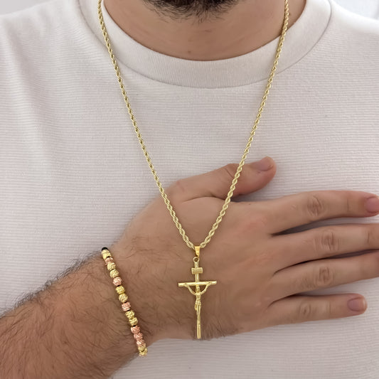 Cadena Tejido Lazo Siciliano de 60cm de 3mm de Grosor + Cruz Cristo Madero INRID + Pulsera balin Italiano Oro Rosa - Amarilo en Oro Laminado 18k con Garantía de por vida
