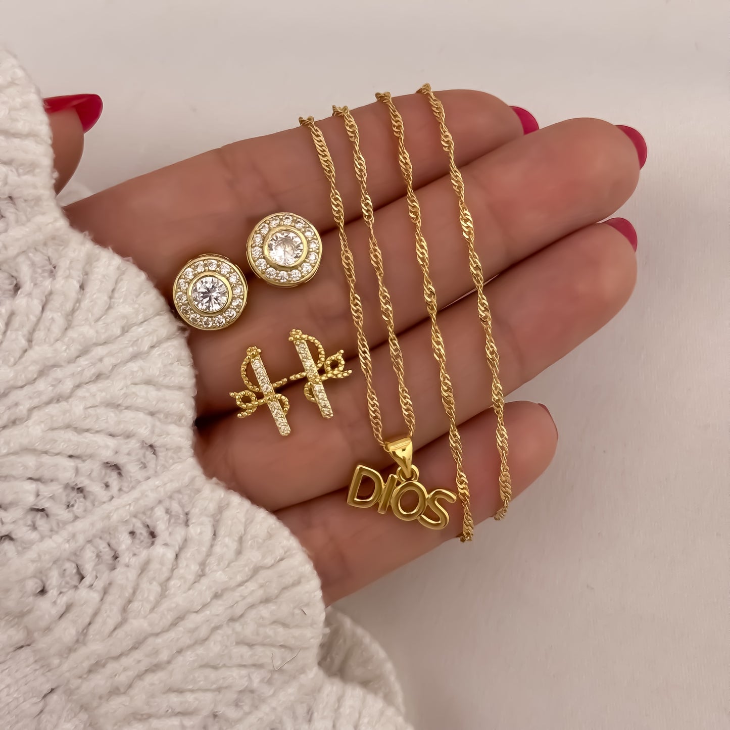 Cadena Tejido Singapur de Dama+  Dije de Dios + Topos Piedra Swarovski  + Topo Fe en Oro Laminado 18k con Garantia de por vida