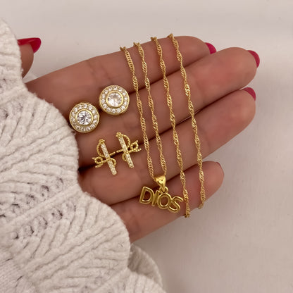 Cadena Tejido Singapur de Dama+  Dije de Dios + Topos Piedra Swarovski  + Topo Fe en Oro Laminado 18k con Garantia de por vida