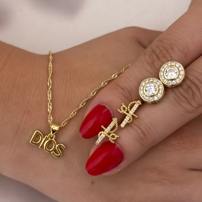 Cadena Tejido Singapur de Dama+  Dije de Dios + Topos Piedra Swarovski  + Topo Fe en Oro Laminado 18k con Garantia de por vida