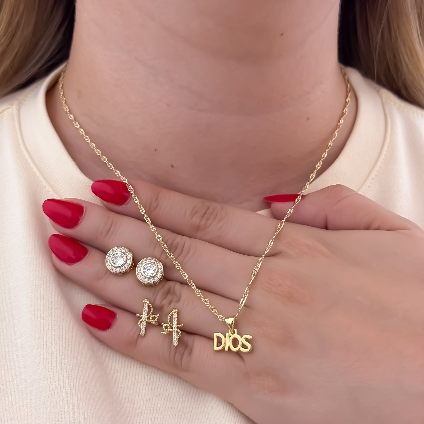 Cadena Tejido Singapur de Dama+  Dije de Dios + Topos Piedra Swarovski  + Topo Fe en Oro Laminado 18k con Garantia de por vida