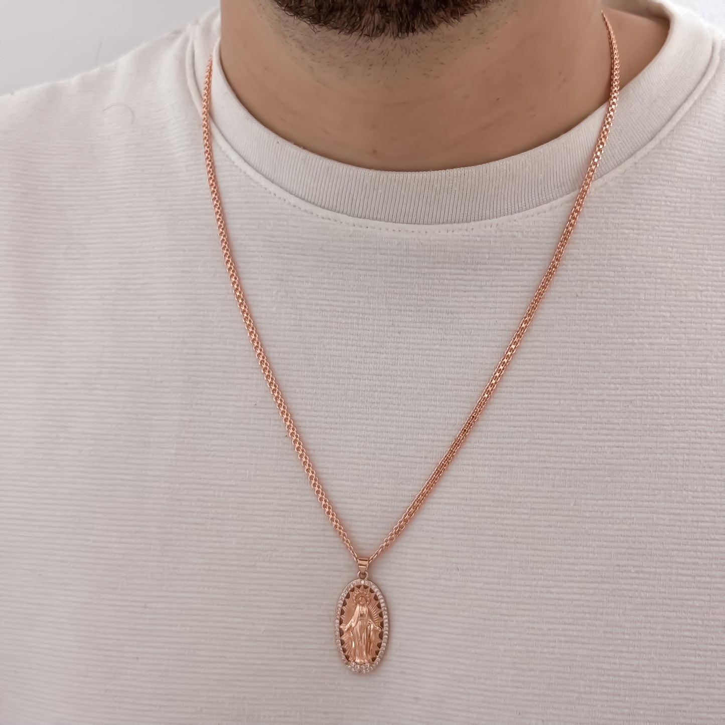 Cadean Tejido Chino de Hombre en Oro Rosa  de 60cm de 4mm de Grosor + Virgen Milagrosa en Oro laminado 18k