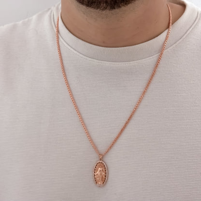Cadean Tejido Chino de Hombre en Oro Rosa  de 60cm de 4mm de Grosor + Virgen Milagrosa en Oro laminado 18k