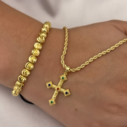 Cadena Tejido Lazo Siciliano de 45cm de 3mm + Cruz Micro Circones Cristales + Pulseras Balin Italiano de 6mm en Oro Laminado 18k con Garantia de por vida